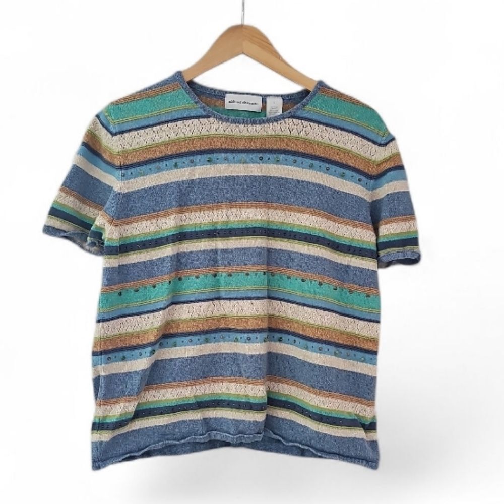 Vintage Alfred Dunner Textured Stripe Knit Top Women’s L Boho Coastal Artsy